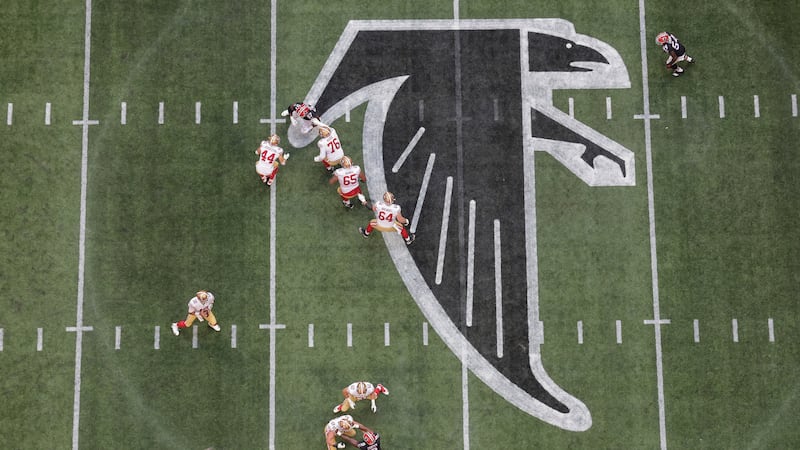 FILE - An aerial view of San Francisco 49ers offense and Atlanta Falcons defense at the...