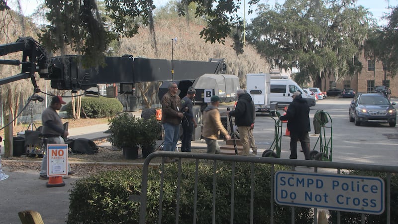 Crews set up at Forsyth Park for "Road House 2" filming