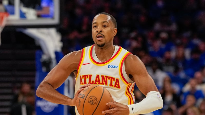 Atlanta Hawks guard CJ McCollum (3) looks to pass the ball during the first half of an NBA...