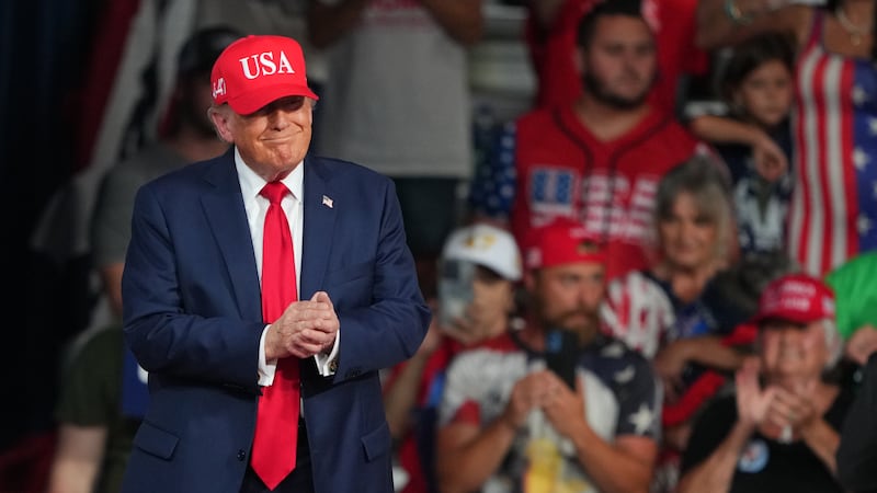President Donald Trump arrives at a campaign rally at the Gastonia Municipal Airport,...