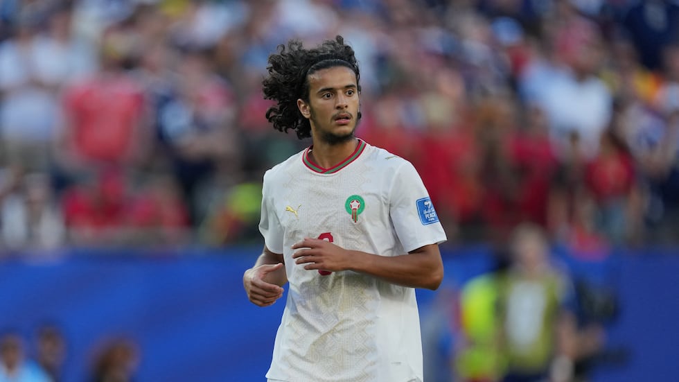 Morocco's Ayyoub Bouaddi (6) uns into position during the World Cup Group C soccer match...