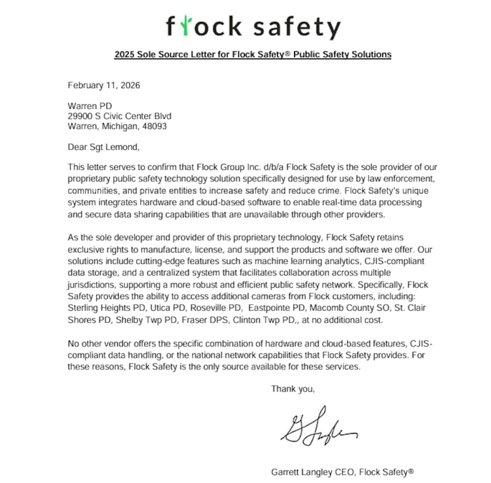 A sole source letter addressed to Warren, Michigan officials dated February 11, 2026 and...