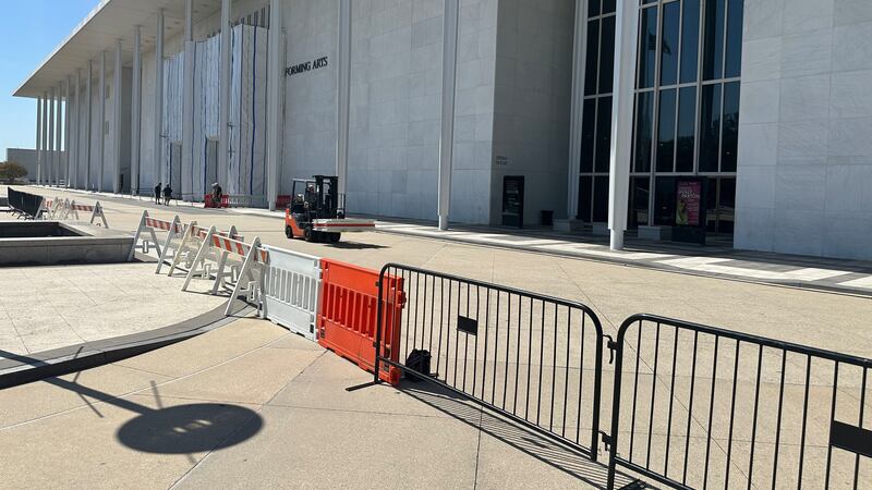 Barriers are placed outside the John F. Kennedy Center for the Performing Arts on Wednesday,...