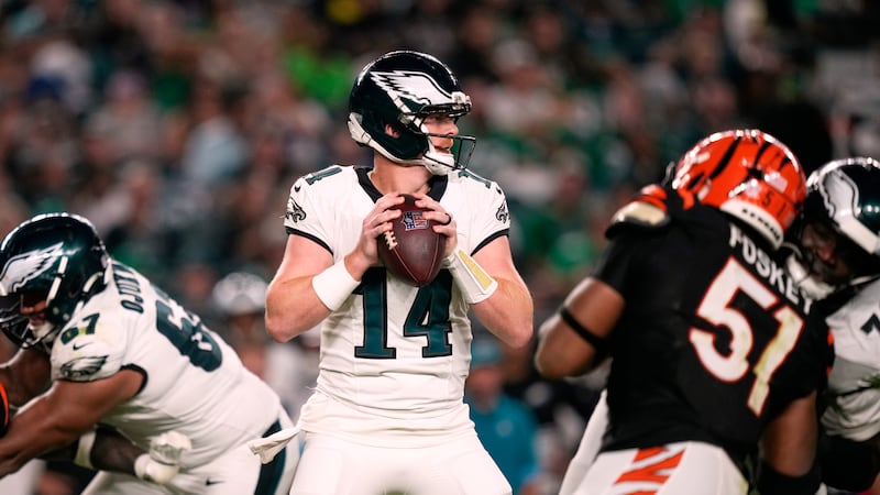 Philadelphia Eagles' Andy Dalton plays during a preseason NFL football game between the...