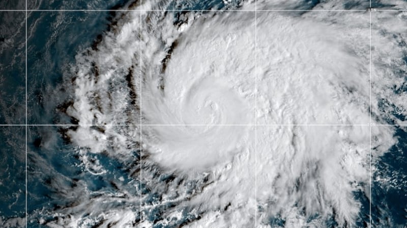 This GOES-19 GeoColor satellite image provided by the National Oceanic and Atmospheric...