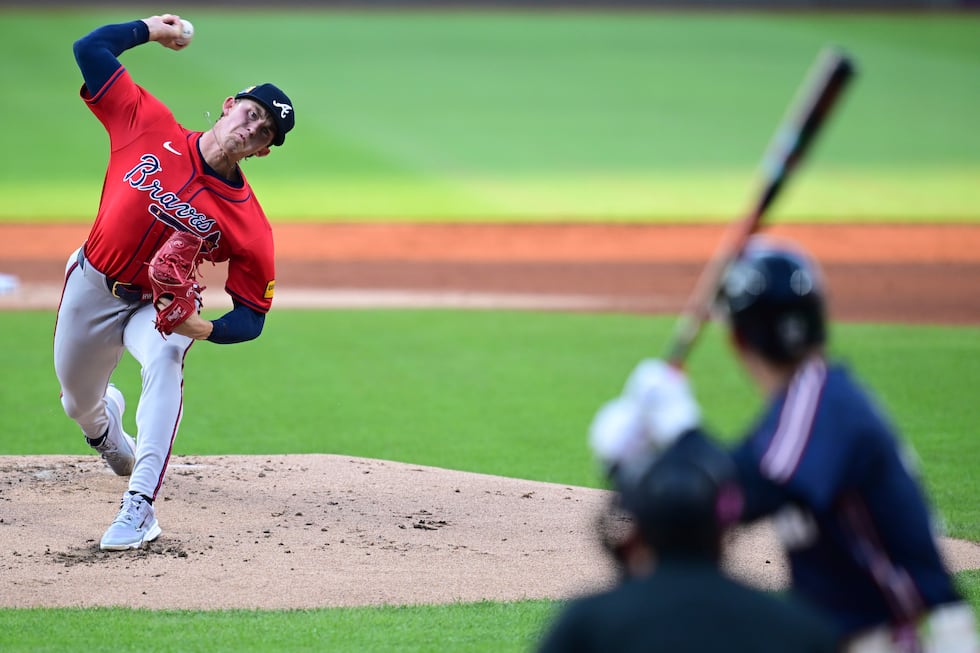 Atlanta Braves starting pitcher Hurston Waldrep delivers to Cleveland Guardians' Steven Kwan...