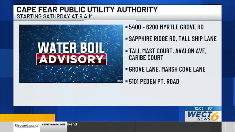 CFPUA announced that a boil water advisory will be in place for an area of New Hanover County...