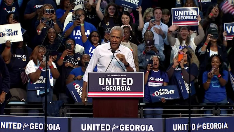 Obama spoke at a rally for Sen. Jon Ossoff and Keisha Lance Bottoms in Morrow Wednesday.